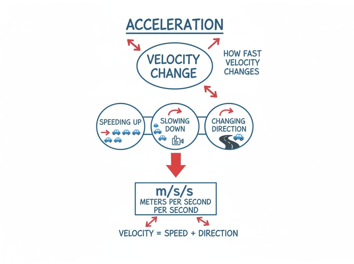 Dry-erase diagram: Acceleration — Acceleration measures how fast velocity changes, whether speeding up, slowing down or turning, in meters per second per second.