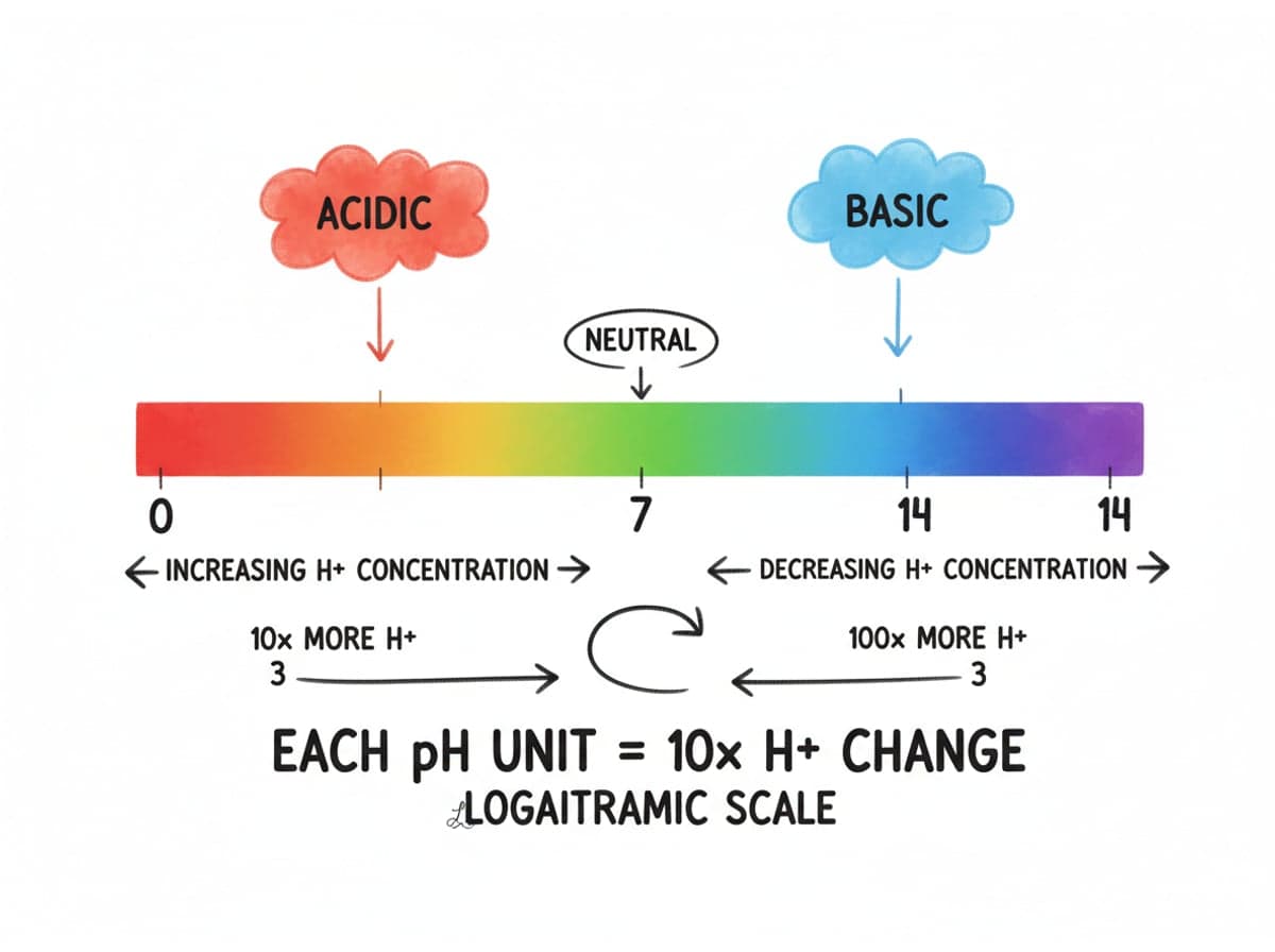 Dry-erase diagram: Acids, bases and pH — pH below 7 is acidic, pH 7 is neutral, pH above 7 is basic, and each pH unit is a factor of 10 in H+ concentration.