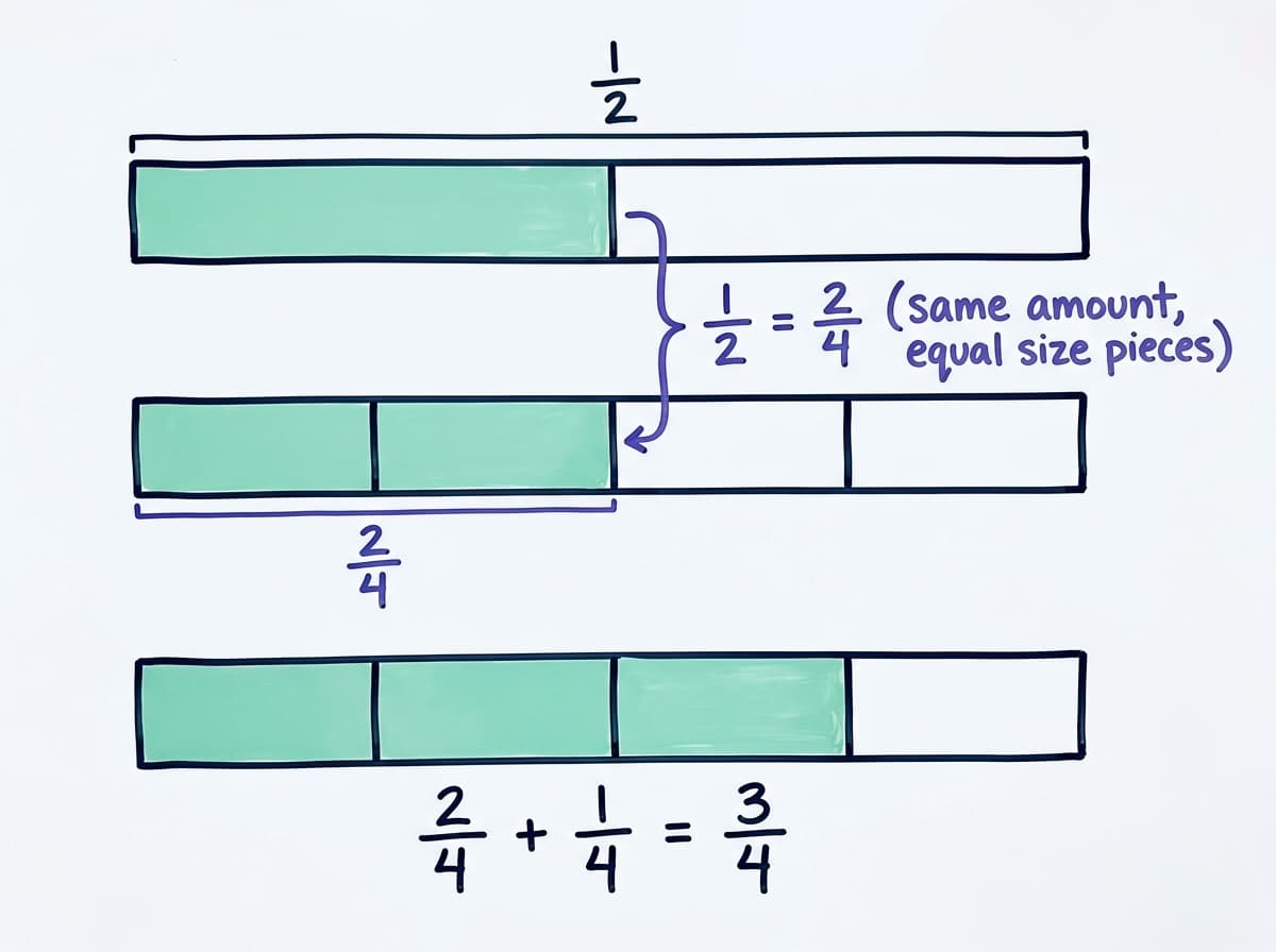 Dry-erase fraction bar diagram showing 1/2 renamed to 2/4, then added to 1/4 to make 3/4.