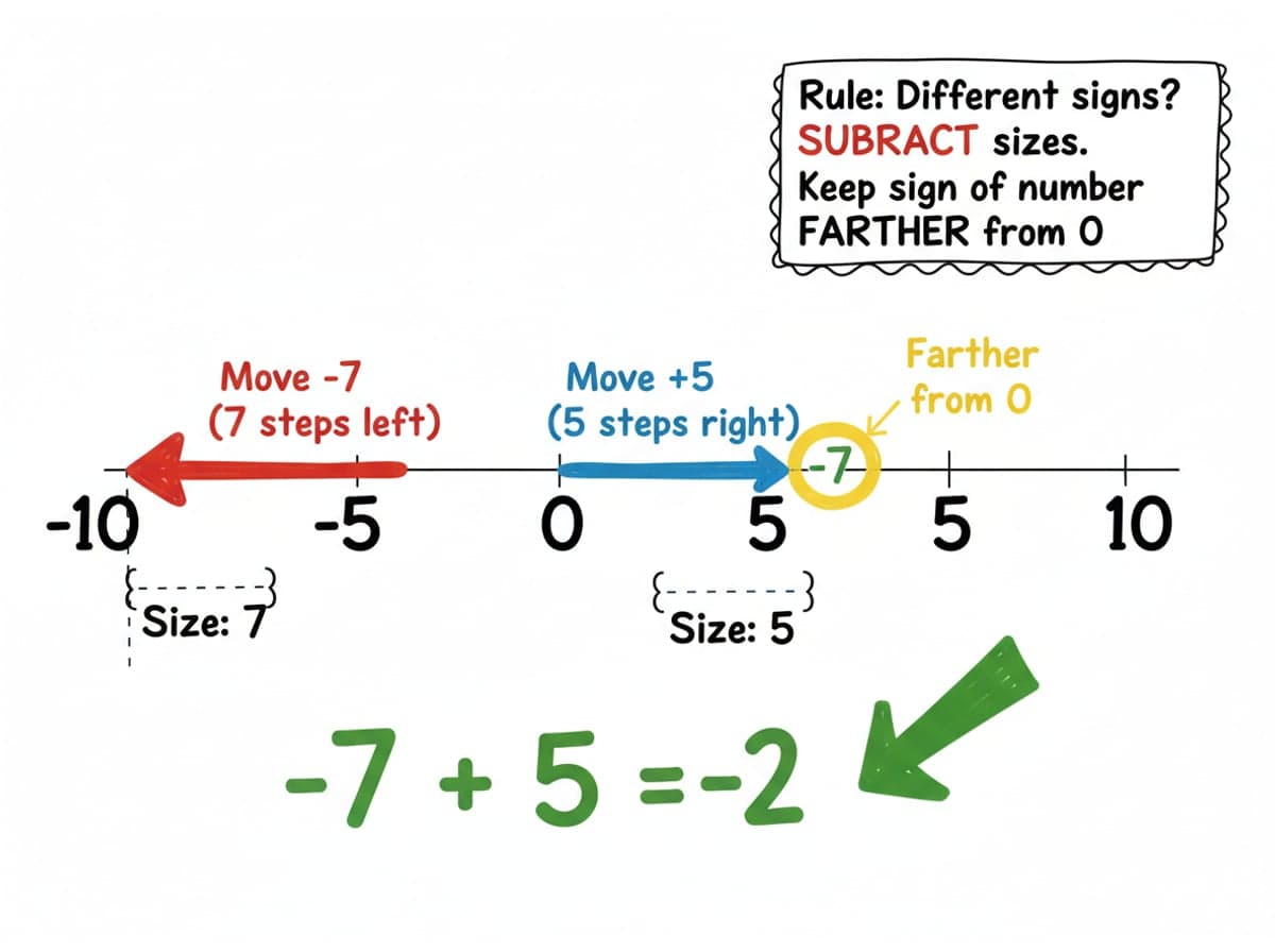 Dry-erase diagram: Adding signed numbers — When signs differ, subtract the smaller size from the bigger one and keep the sign of the number that is farther from 0.