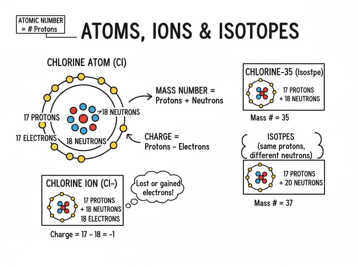 Dry-erase diagram: Atoms, ions and isotopes — Mass number counts protons plus neutrons. Charge depends only on protons minus electrons.