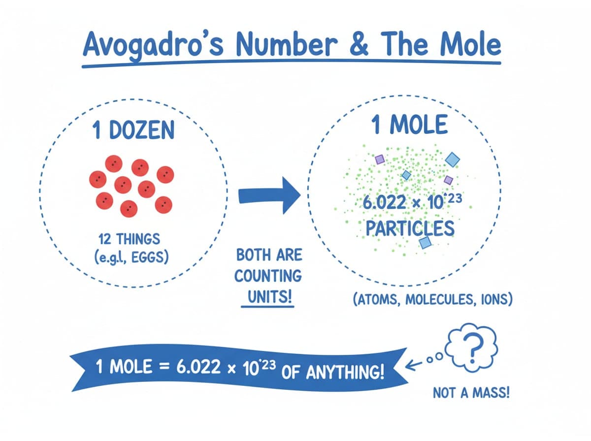 Dry-erase diagram: Avogadro's number and the mole — 1 mole of anything contains 6.02 x 10^23 particles; the mole is a counting unit, not a mass.