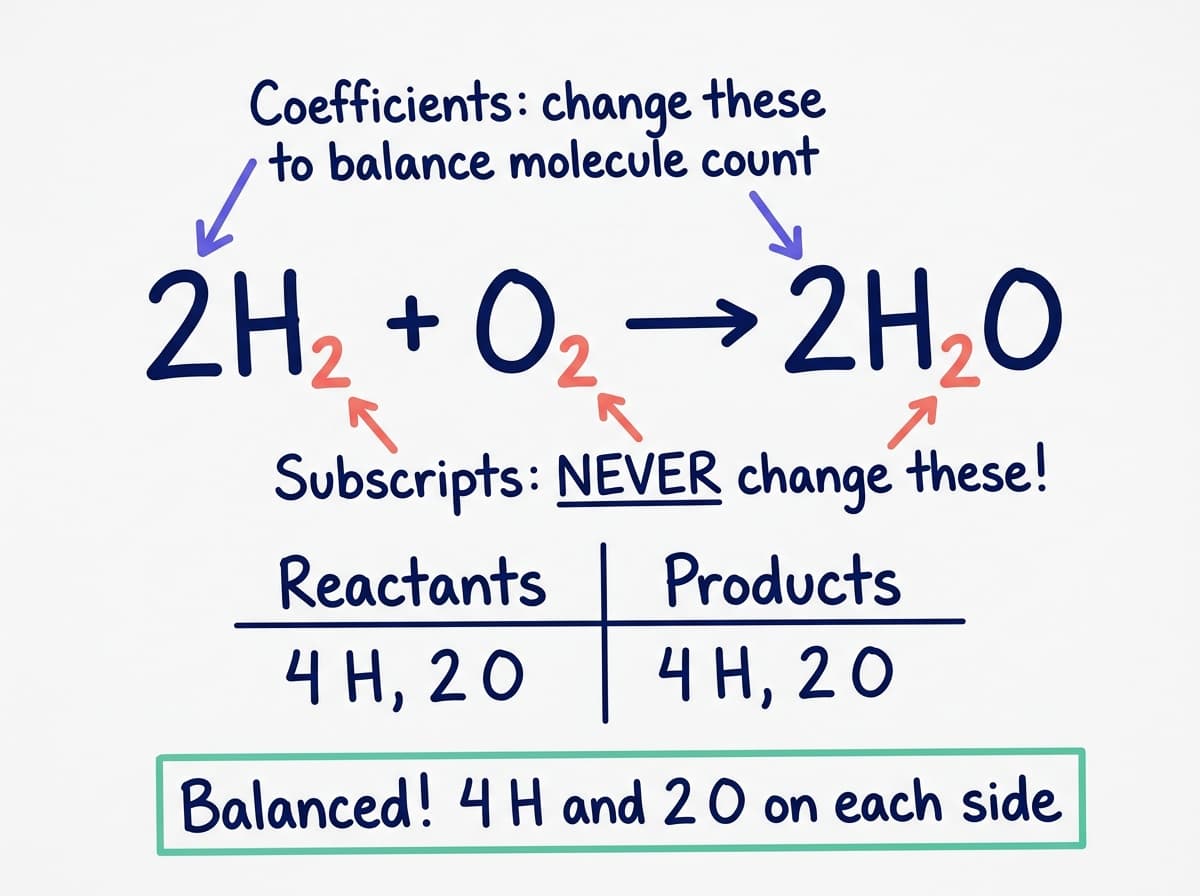 Dry-erase diagram showing balanced chemical equation 2H2 + O2 → 2H2O, highlighting coefficients vs subscripts and atom counts of 4 H and 2 O on each side.