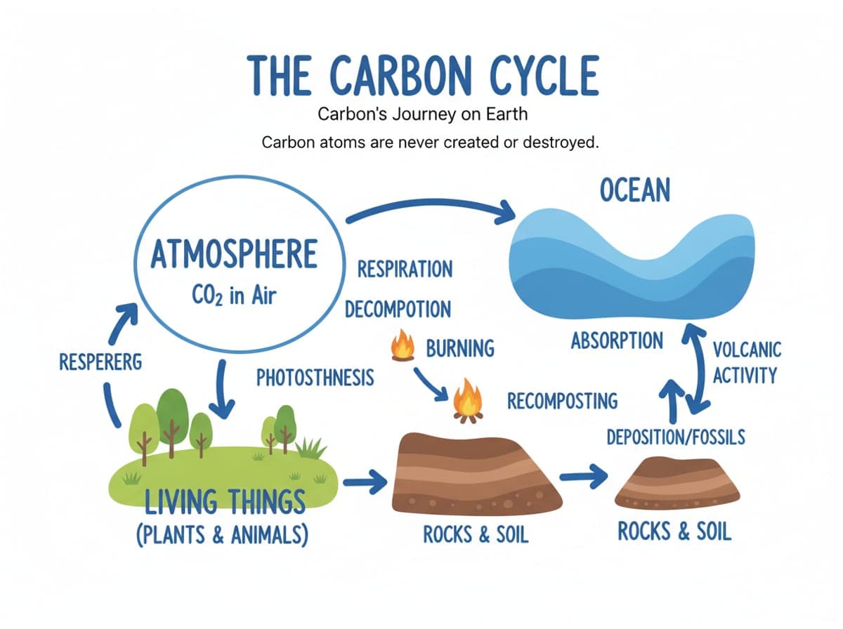 Dry-erase diagram: The carbon cycle — Carbon atoms cycle among air, organisms, oceans and rocks: photosynthesis removes CO2, and respiration, decomposition and burning return it.
