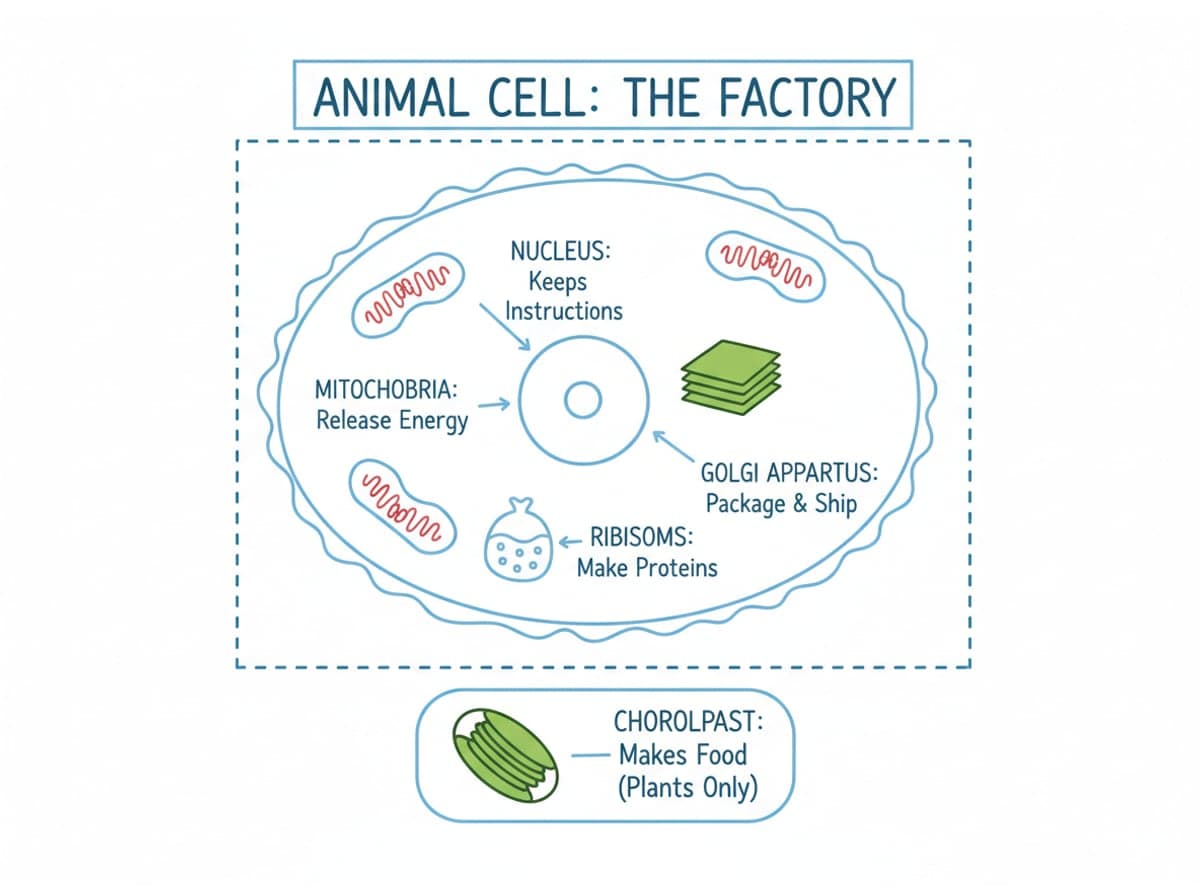 Dry-erase diagram: Cell organelles — Each organelle has its own job: mitochondria release energy, the nucleus keeps instructions, chloroplasts make food.
