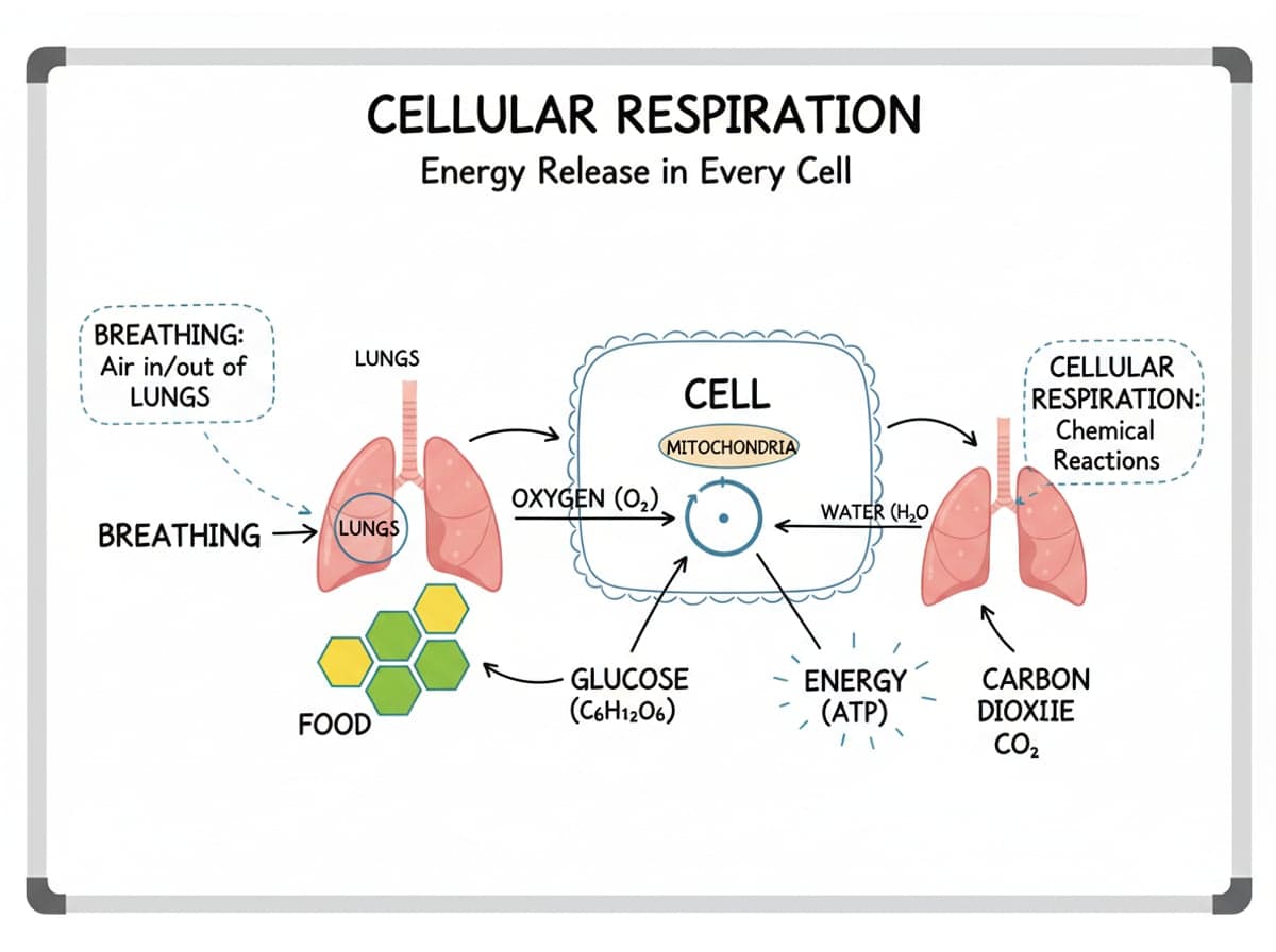 Dry-erase diagram: Cellular respiration — Cellular respiration uses oxygen and glucose to release energy, water and carbon dioxide inside every cell.