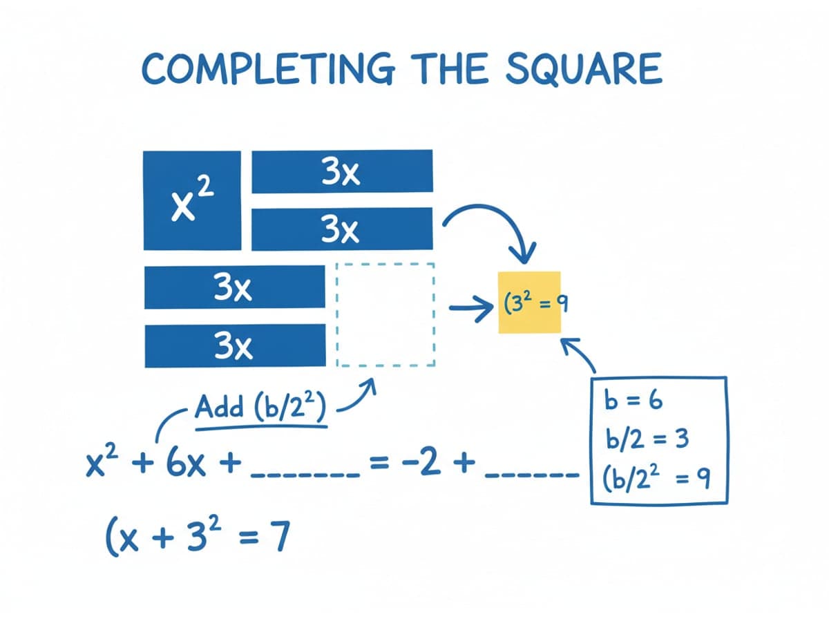Dry-erase diagram: Completing the square — Add (b/2)^2 to both sides to create a perfect square trinomial.