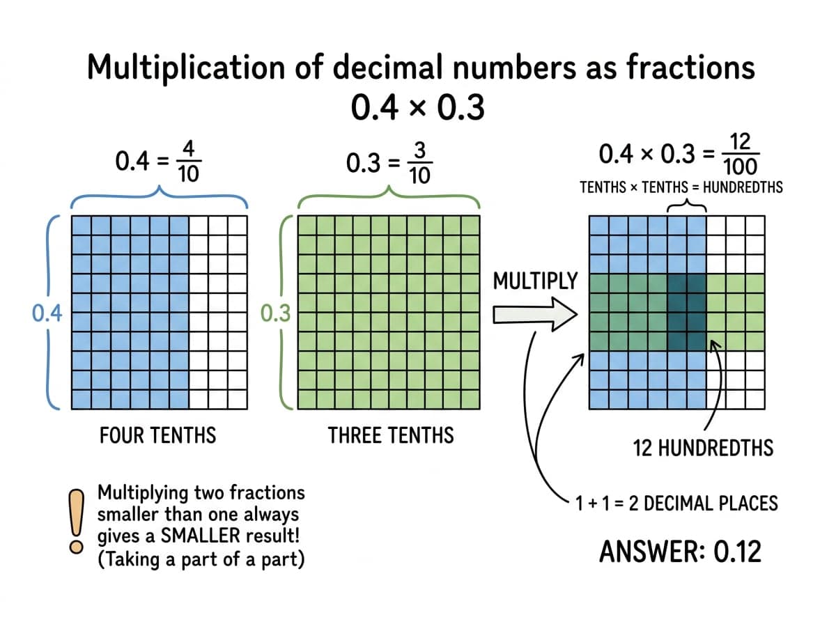 Dry-erase diagram: Decimal operations — Each decimal place counts, so the answer takes as many decimal places as the two numbers had between them.