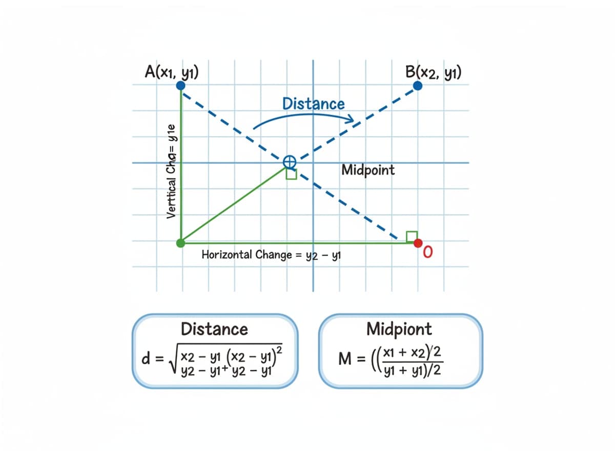 Dry-erase diagram: Distance and midpoint — Distance = sqrt((x2 - x1)^2 + (y2 - y1)^2); midpoint = ((x1 + x2)/2, (y1 + y2)/2).
