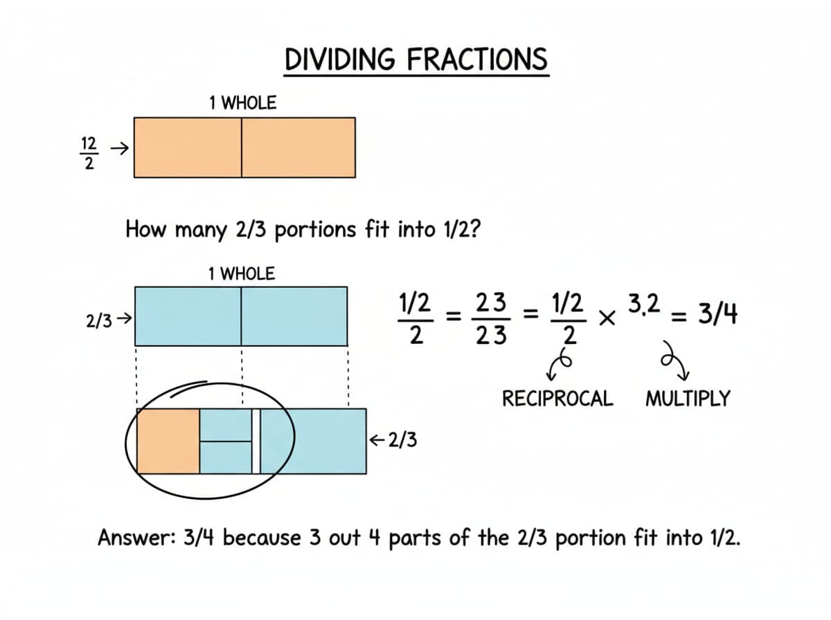 Dry-erase diagram: Dividing fractions — Dividing by a fraction means multiplying by its reciprocal: 1/2 / (2/3) = 1/2 * 3/2.