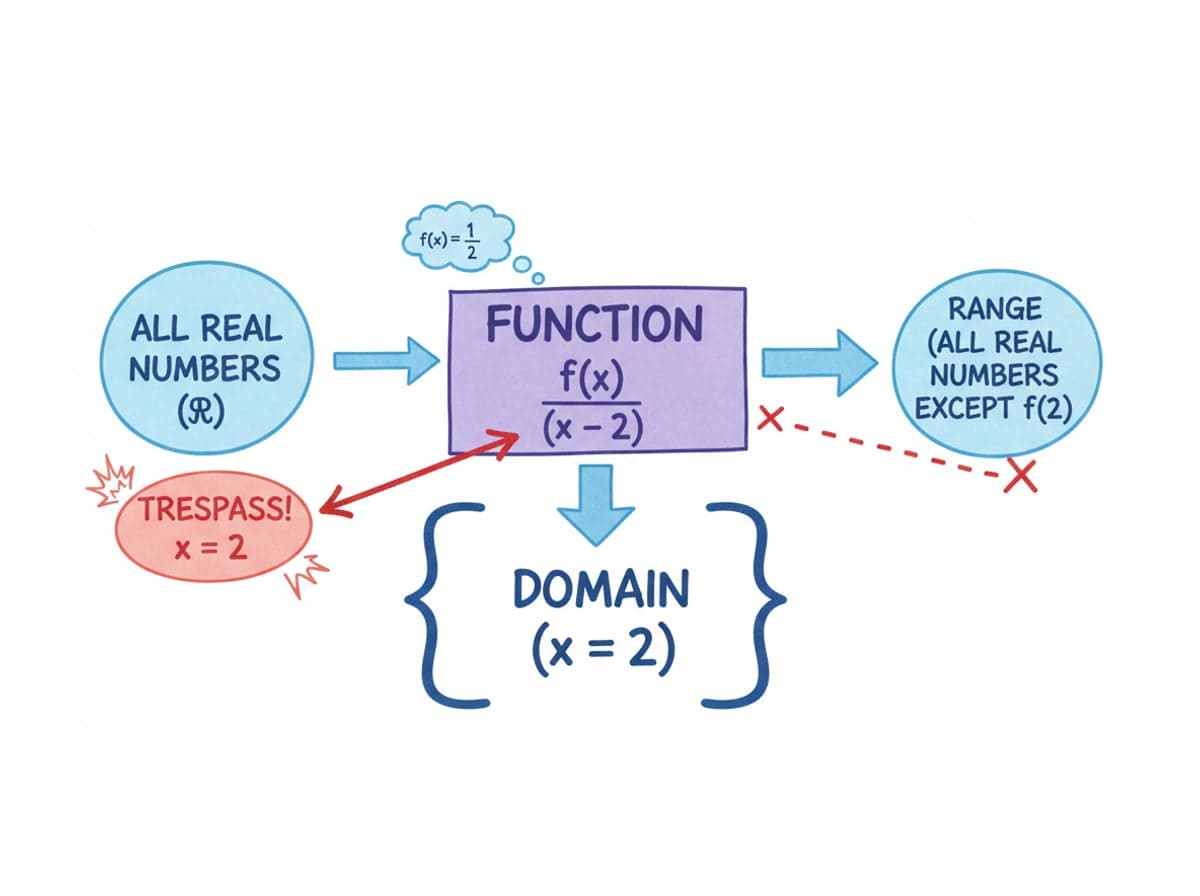 Dry-erase diagram: Domain and range — The domain excludes every x that makes a denominator zero.
