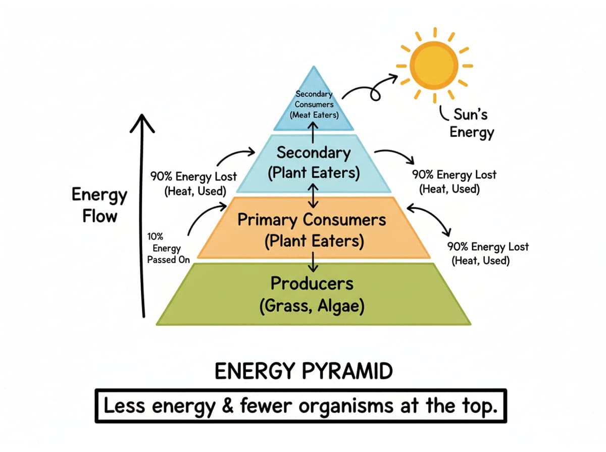 Dry-erase diagram: Energy pyramids — Only about 10% of the energy at one level passes to the next; the rest is used up or lost as heat.