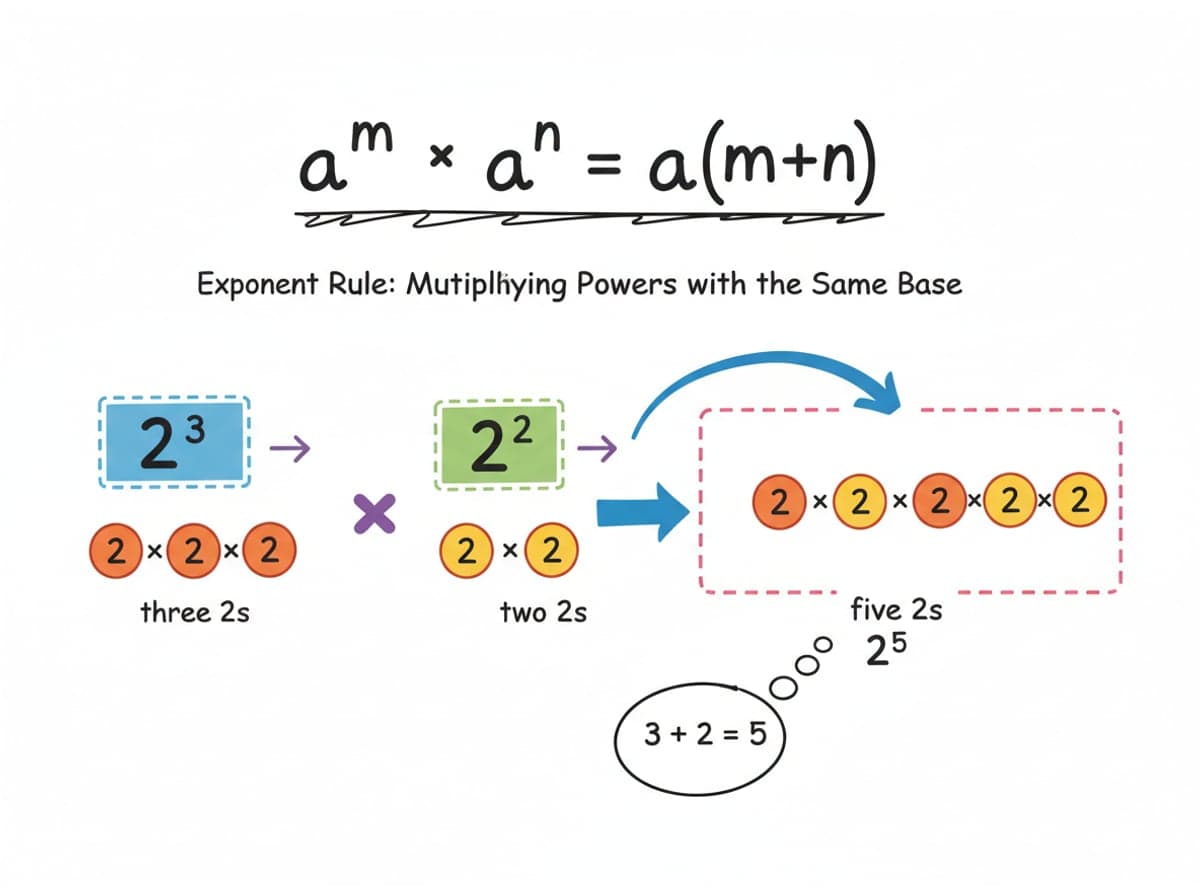 Dry-erase diagram: Exponent rules — Multiplying powers with the same base adds the exponents: a^m * a^n = a^(m+n).