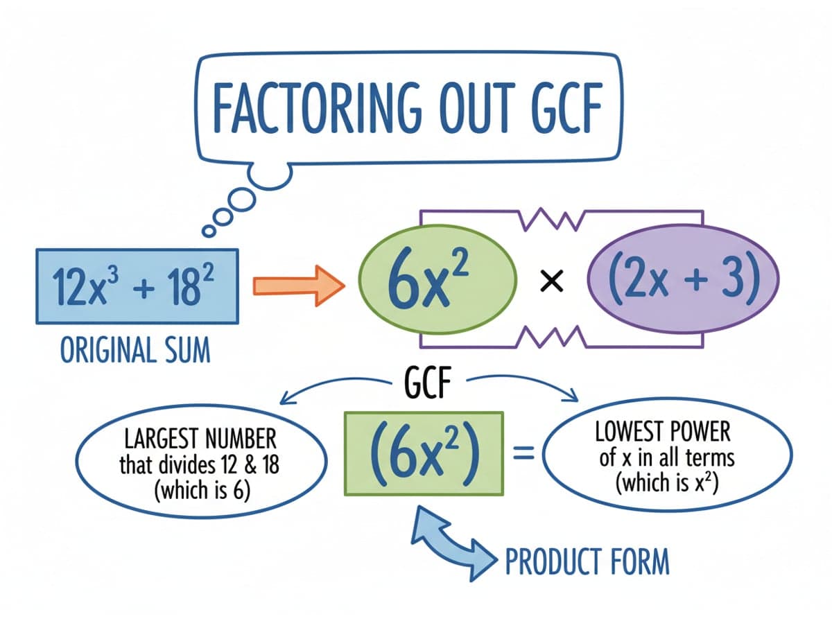 Dry-erase diagram: Factoring out the greatest common factor — Pull out the largest shared number and the lowest power of each variable that appears in every term.