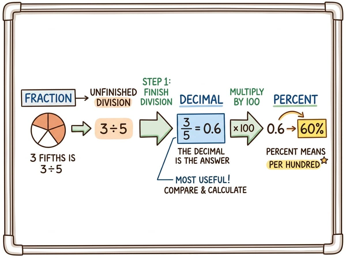 Dry-erase diagram: Fractions, decimals and percents — A fraction is a division, a decimal is the answer to that division, and a percent is the decimal multiplied by 100.