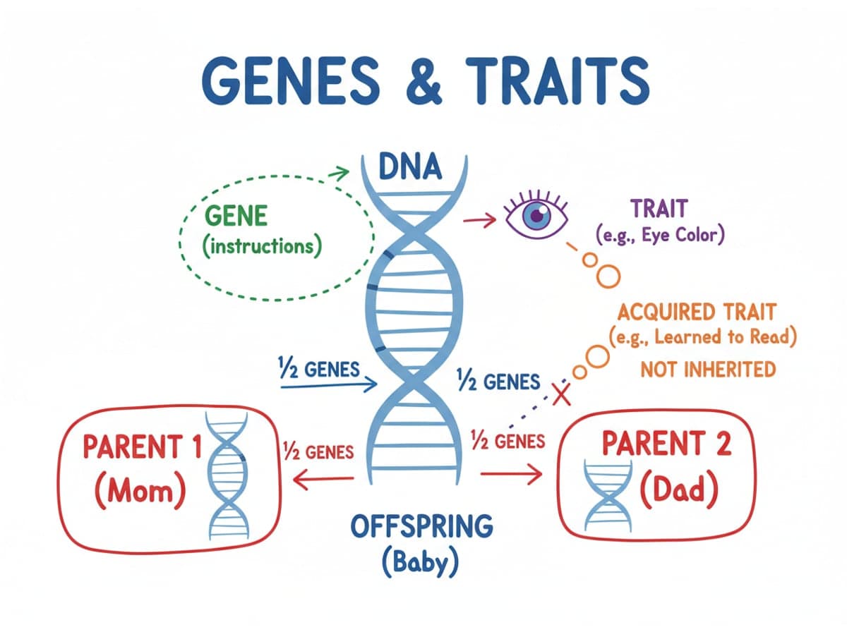Dry-erase diagram: Genes and traits — Genes are DNA instructions for traits, half come from each parent, and acquired traits are not written into genes.
