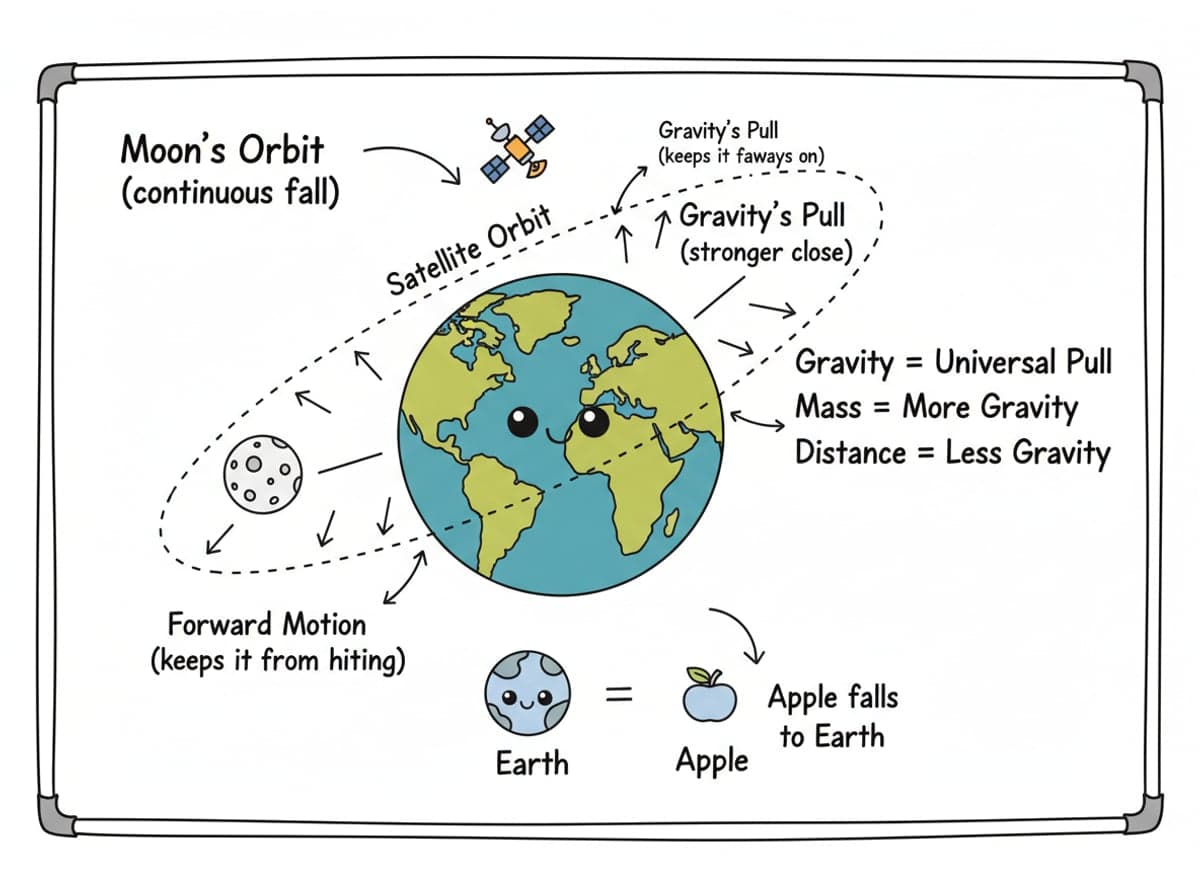 Dry-erase diagram: Gravity and orbits — An orbit is a continuous fall: gravity bends the path inward while the object's forward motion keeps carrying it past the planet.