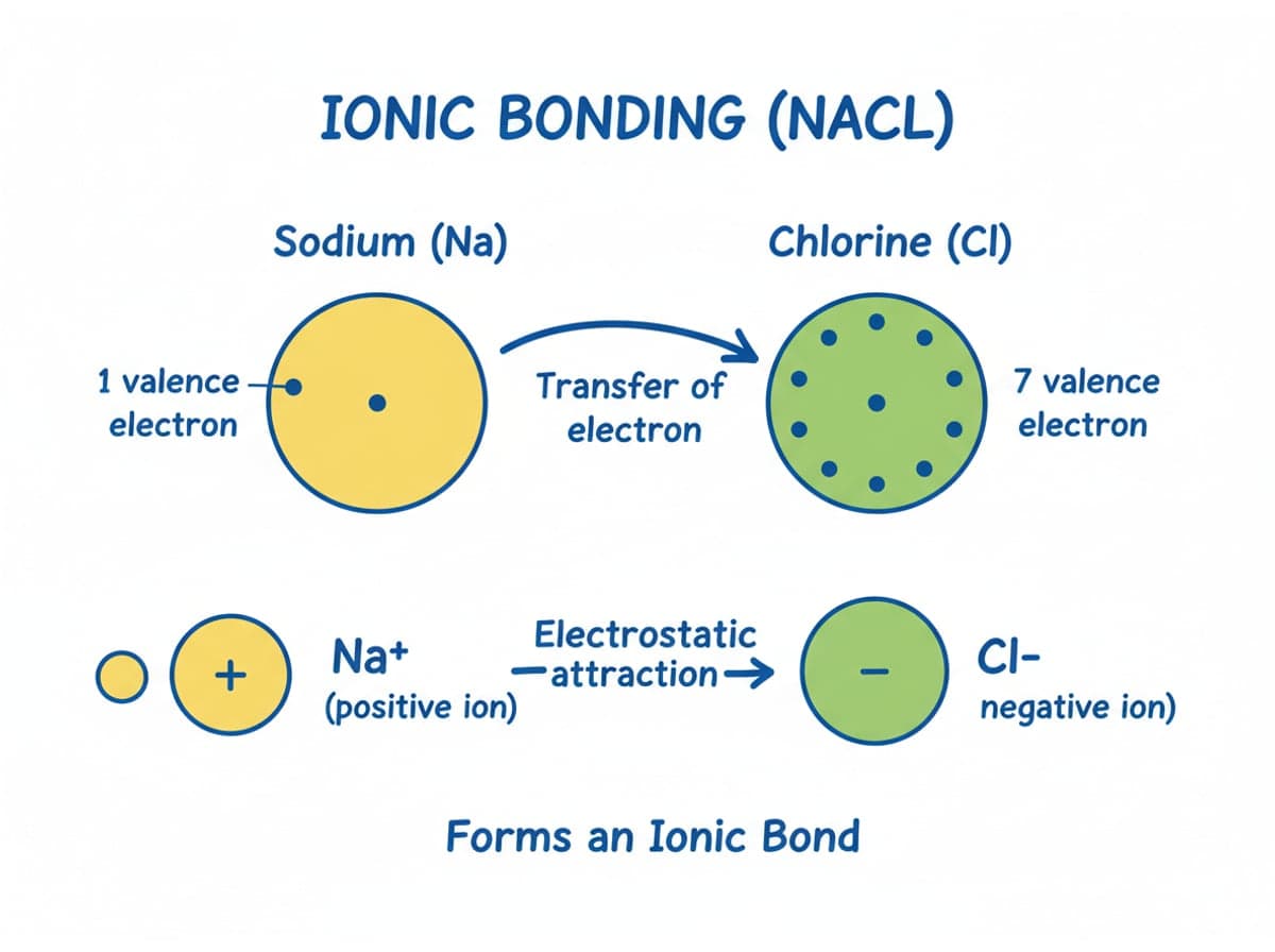 Dry-erase diagram: Ionic bonds — Ionic bonding is the transfer of electrons to form oppositely charged ions, which then attract electrostatically.