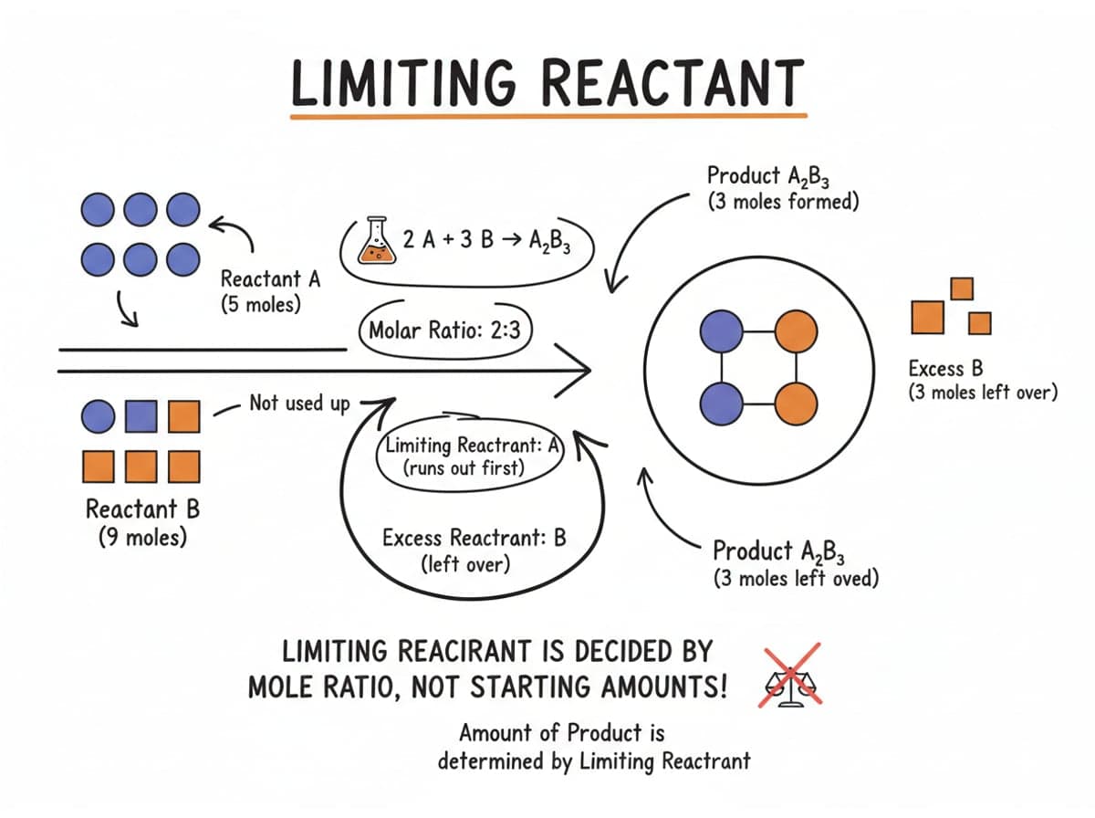 Dry-erase diagram: Limiting reactants — The limiting reactant is the one that runs out first when you compare against the mole ratio, never by raw starting amounts.