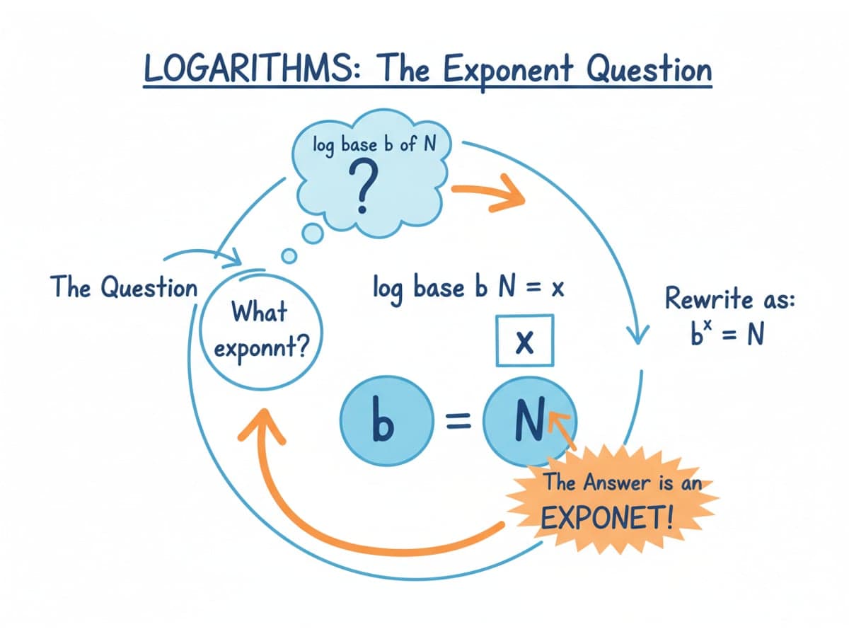 Dry-erase diagram: Logarithms — log base b of N is the exponent you raise b to in order to get N.