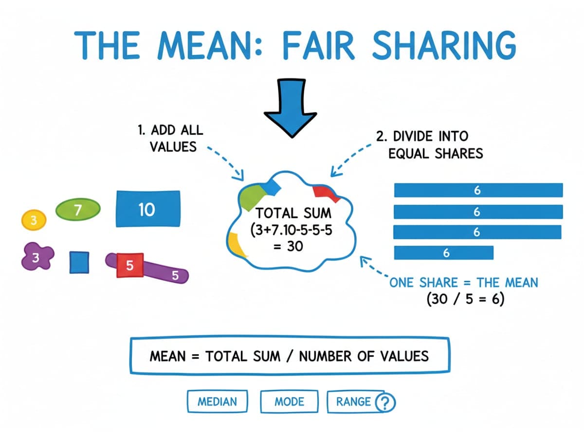Dry-erase diagram: Mean, median, mode and range — The mean is the total shared equally: add all the values, then divide by how many there are.