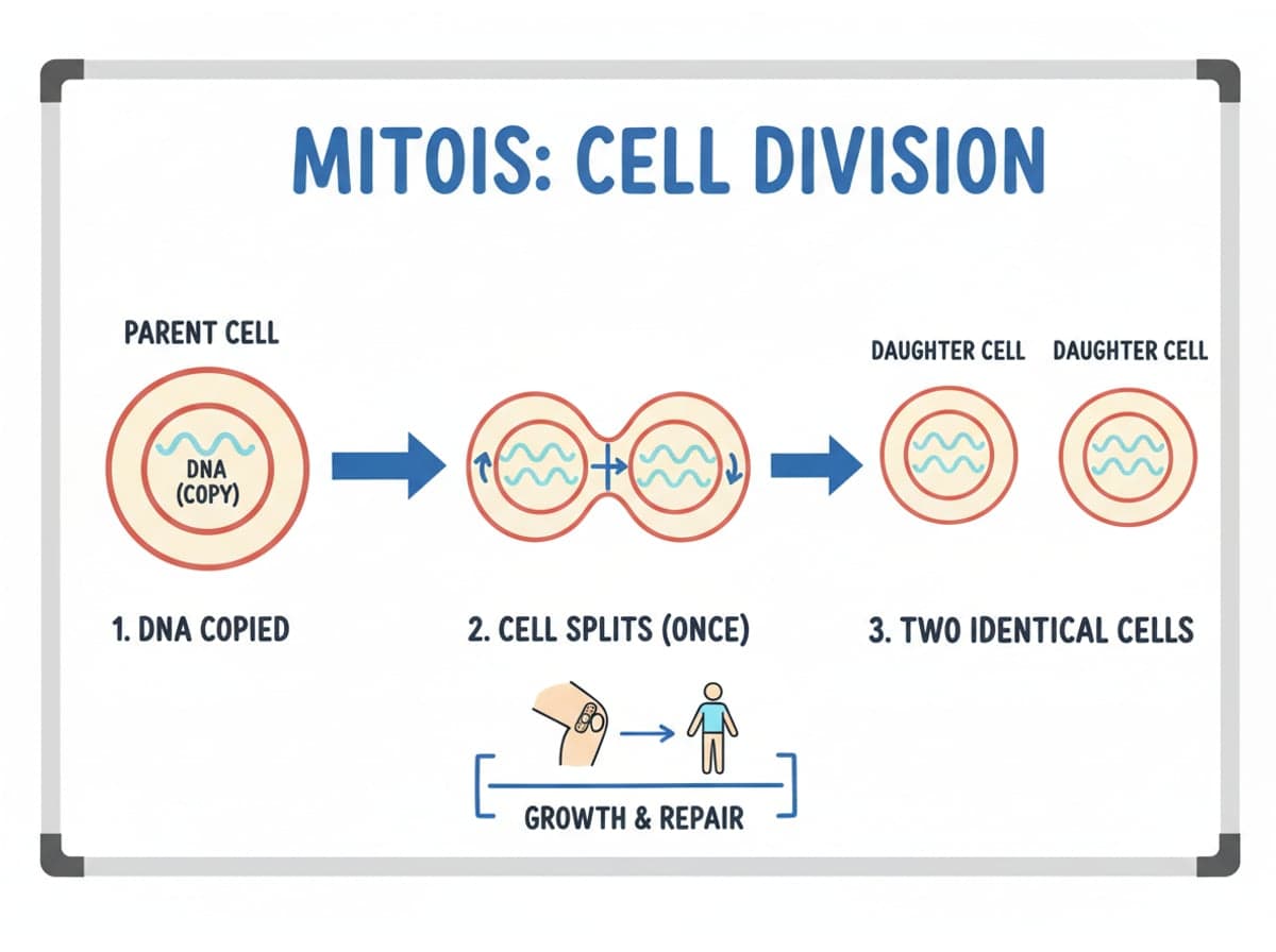 Dry-erase diagram: Cell division (mitosis) — Mitosis: a parent cell copies its DNA, splits once, and produces two daughter cells with identical DNA.