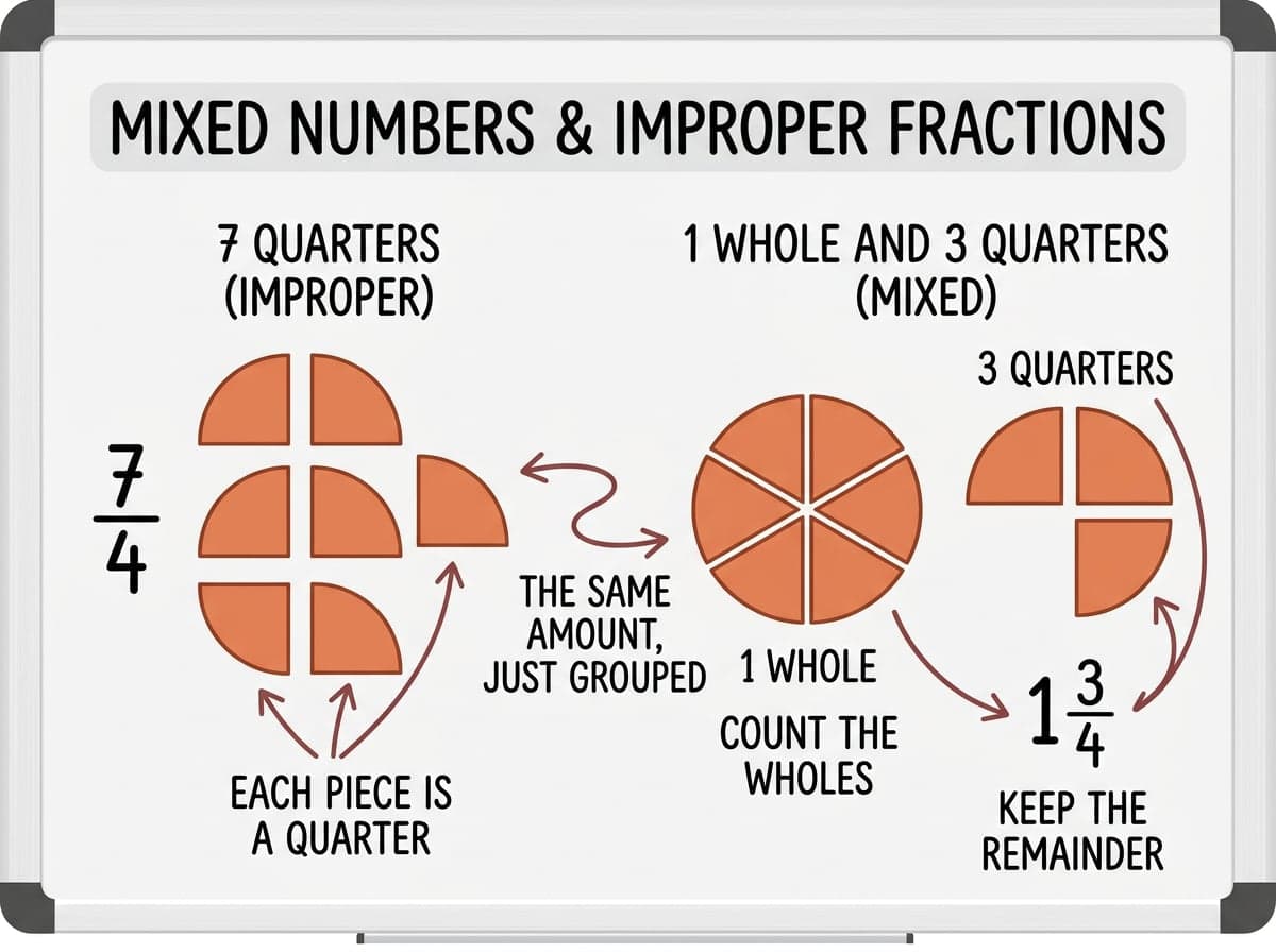 Dry-erase diagram: Mixed numbers and improper fractions — A fraction whose top is bigger than its bottom is more than one whole; count the wholes and keep the remainder.