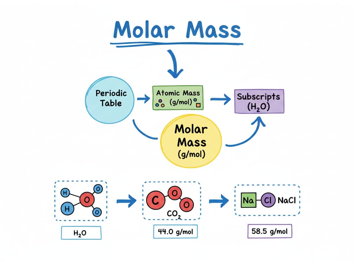 Dry-erase diagram: Molar mass — Molar mass is the sum of atomic masses scaled by subscripts: H2O = 18.0 g/mol, CO2 = 44.0 g/mol, NaCl = 58.5 g/mol.