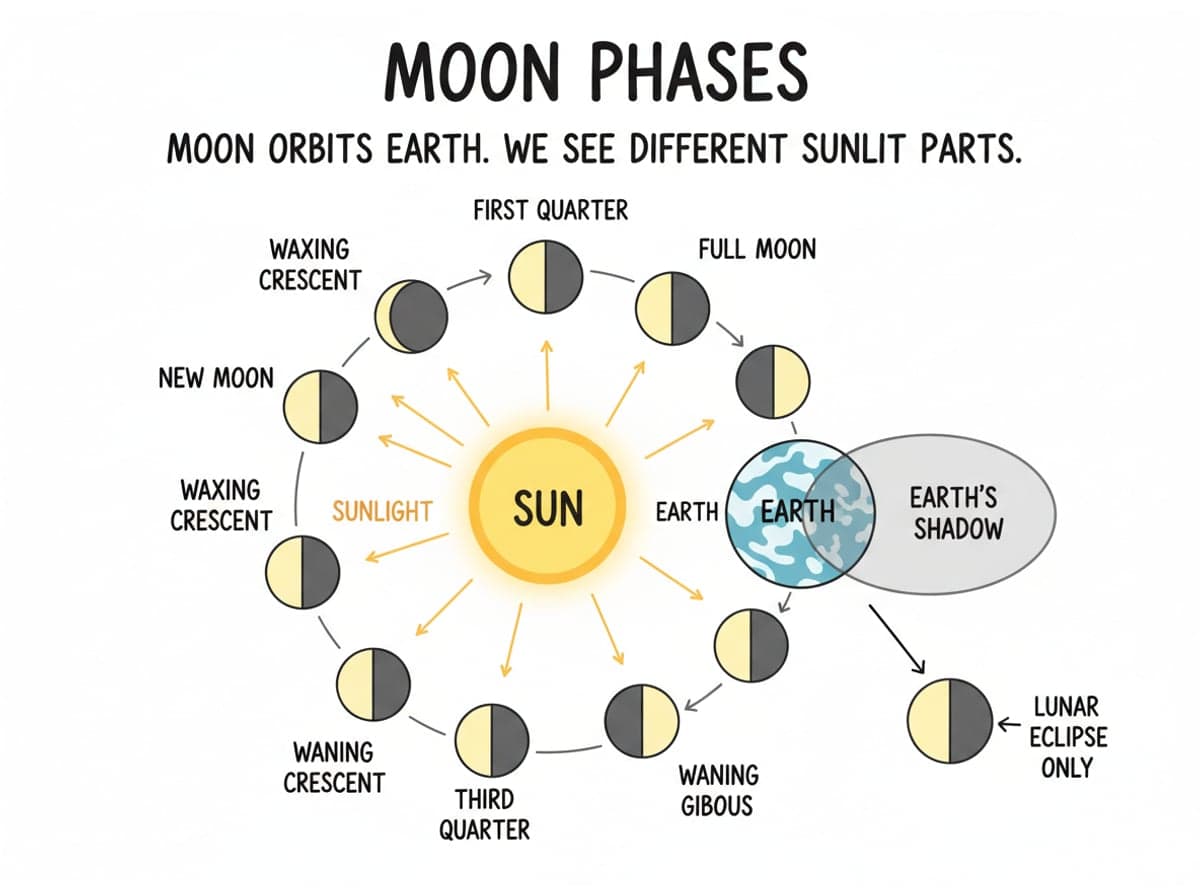 Dry-erase diagram: Moon phases — The Moon orbits Earth, so we see different amounts of its sunlit half. Earth's shadow matters only during a lunar eclipse.