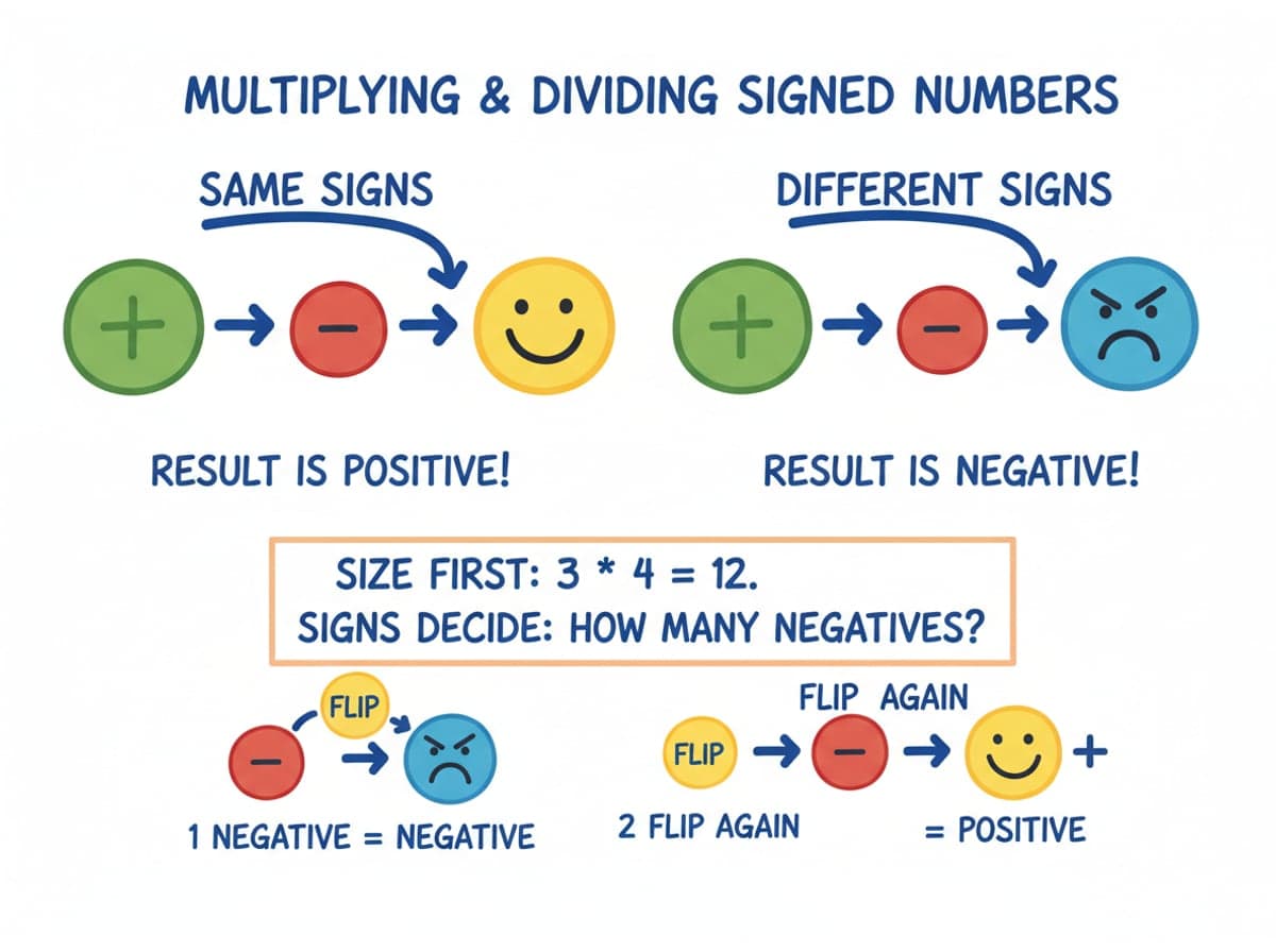 Dry-erase diagram: Multiplying and dividing signed numbers — Same signs give a positive result; different signs give a negative result.