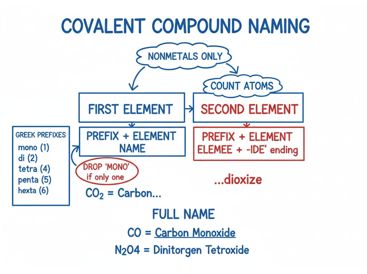 Dry-erase diagram: Naming covalent compounds — Covalent names use Greek prefixes for both elements, dropping mono on the first element and ending the second in -ide.