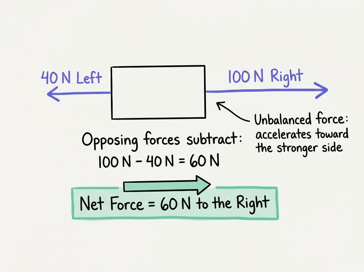 Dry-erase diagram showing an object with 40 N left and 100 N right forces, subtracting to a net force of 60 N to the right.