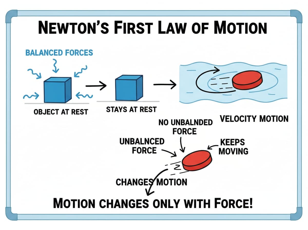 Dry-erase diagram: Newton's first law of motion — An object keeps its current motion unless an unbalanced force changes it. Changes in motion need a force; plain motion does not.