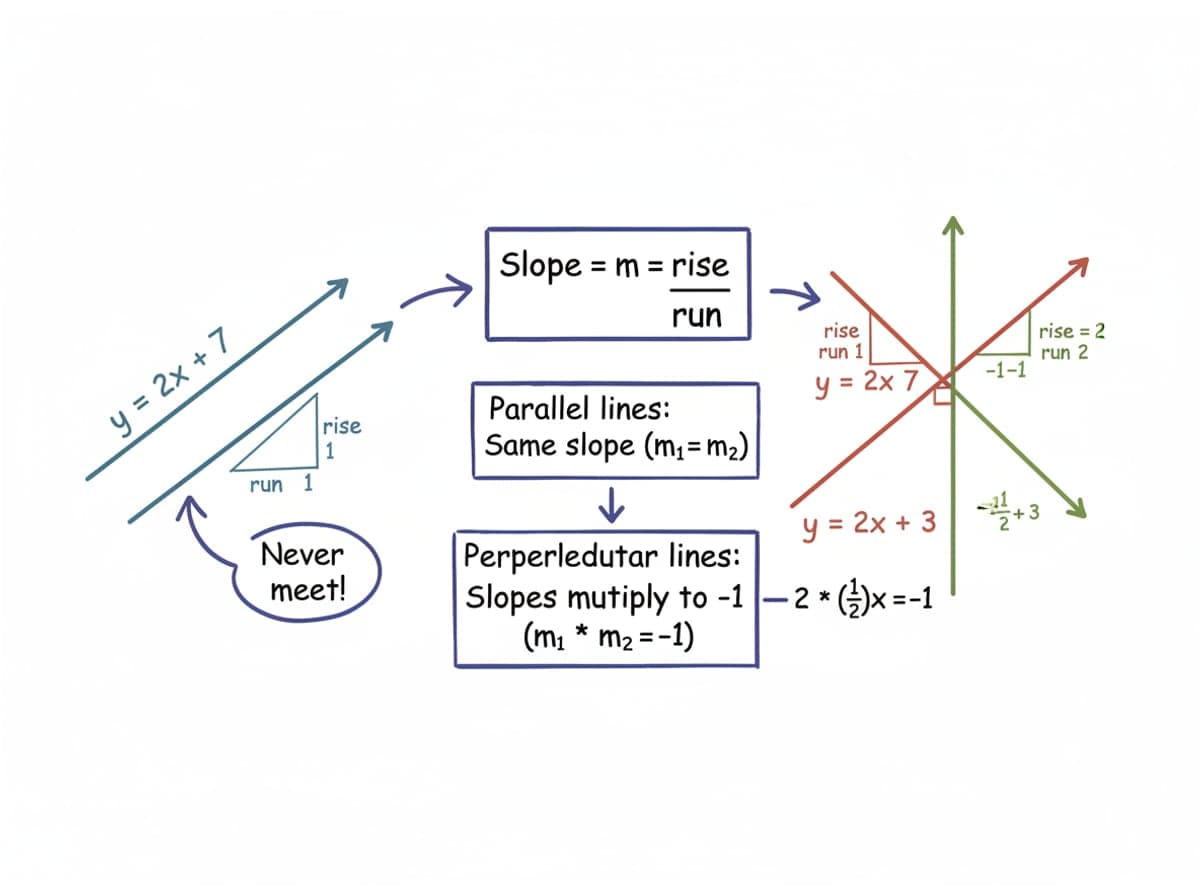 Dry-erase diagram: Parallel and perpendicular lines — Parallel lines share the same slope; perpendicular lines have slopes that multiply to -1.