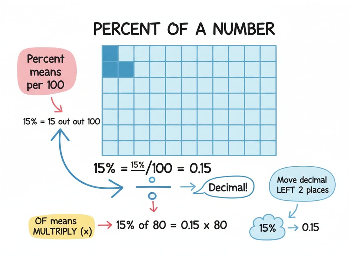 Dry-erase diagram: Percent of a number — Percent means per hundred, so 15% is 0.15, and of means multiply.