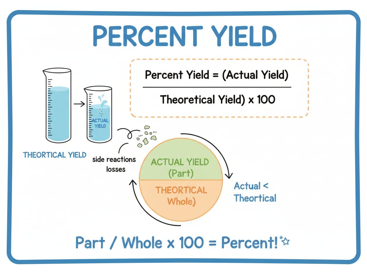 Dry-erase diagram: Percent yield — Percent yield = (actual yield / theoretical yield) x 100. The actual amount is always the part, never the whole.