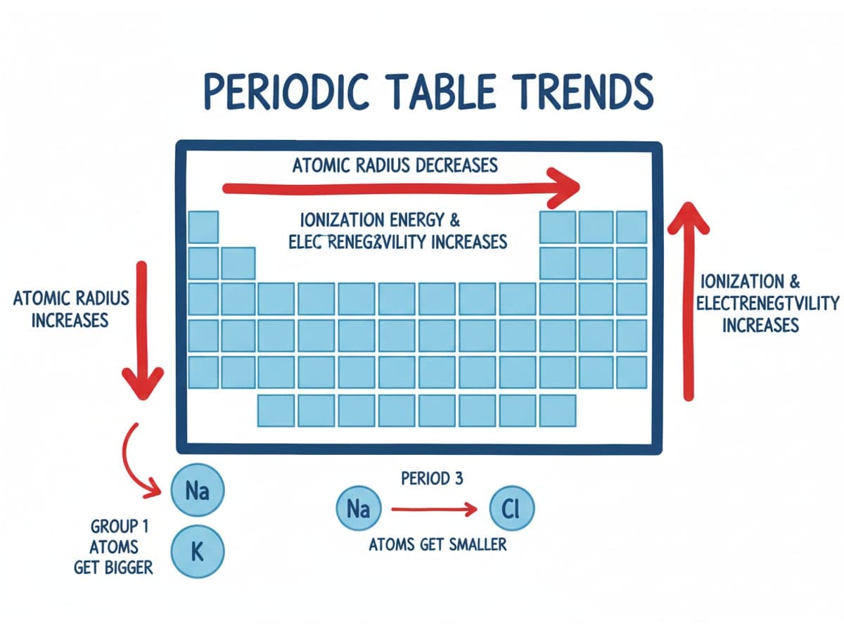 Dry-erase diagram: Periodic table trends — Atomic radius increases down a group and decreases left to right across a period; ionization energy and electronegativity run the other w