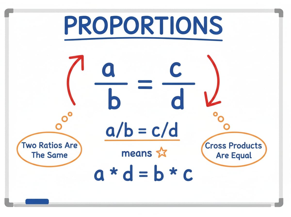 Dry-erase diagram: Proportions — In a proportion the cross products are equal: a/b = c/d means a * d = b * c.