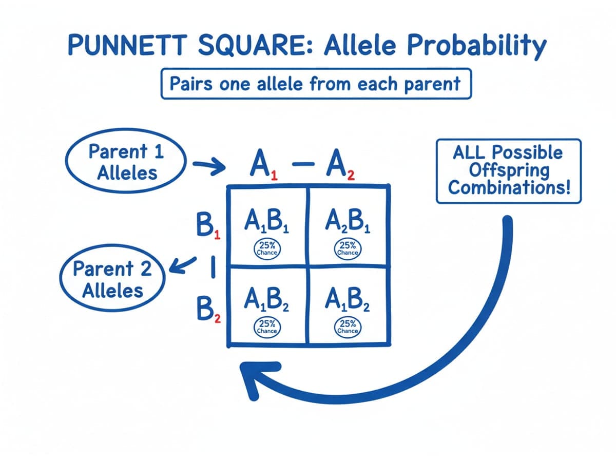 Dry-erase diagram: Punnett squares — A Punnett square pairs one allele from each parent, showing every possible combination and its probability.
