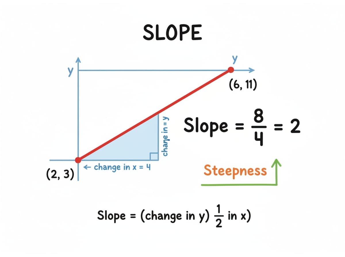 Dry-erase diagram: Slope — Slope equals the change in y divided by the change in x: vertical change over horizontal change.