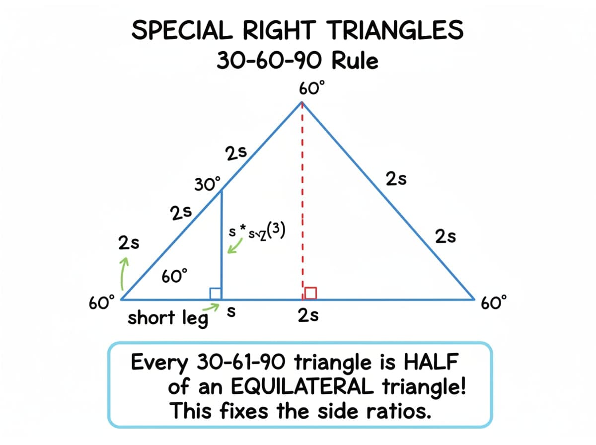 Dry-erase diagram: Special right triangles — In a 30-60-90 triangle: short leg s, long leg s * sqrt(3), hypotenuse 2s.