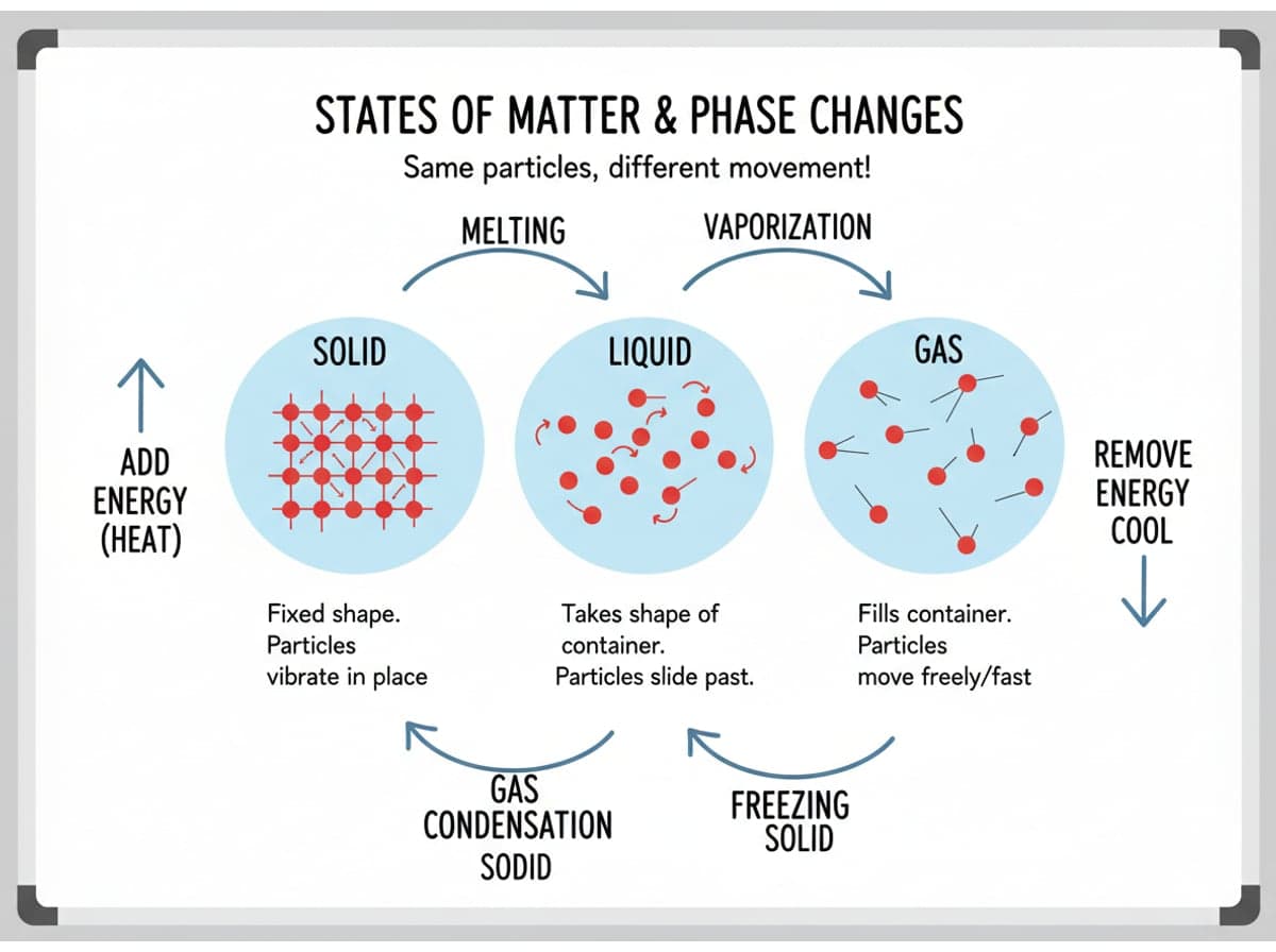 Dry-erase diagram: States of matter and phase changes — States of matter differ in how the particles move and pack; adding or removing energy drives phase changes without making ne