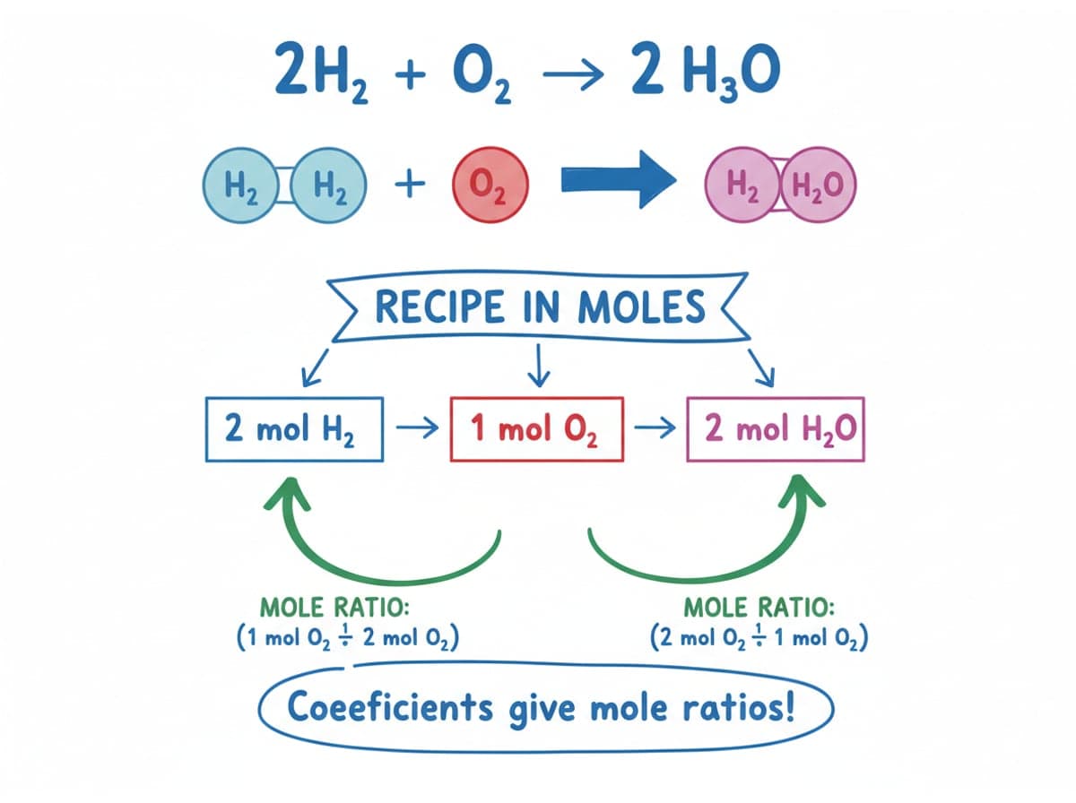 Dry-erase diagram: Stoichiometry with mole ratios — Mole ratios come from coefficients: 3.0 mol O2 times (2 mol H2O / 1 mol O2) gives 6.0 mol H2O.