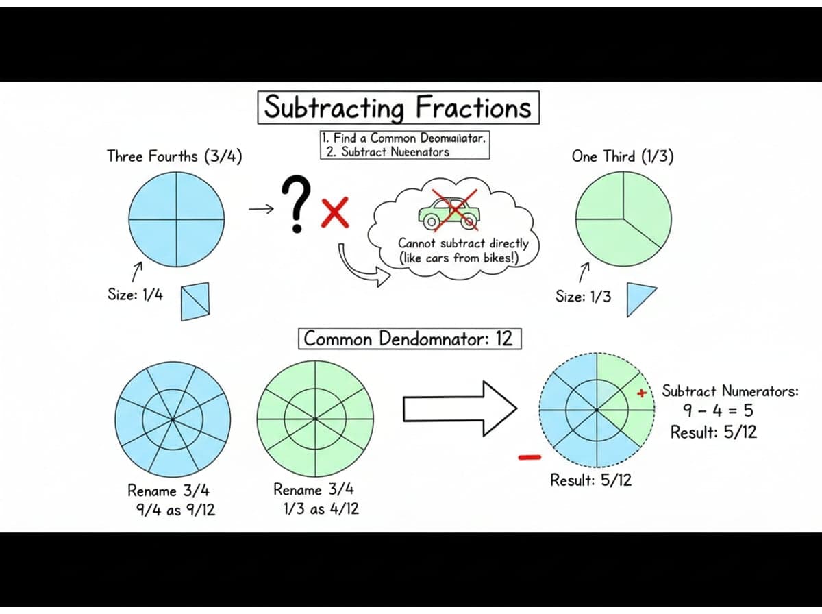 Dry-erase diagram: Subtracting fractions — Before subtracting, rename each fraction with a common denominator, then subtract only the numerators.