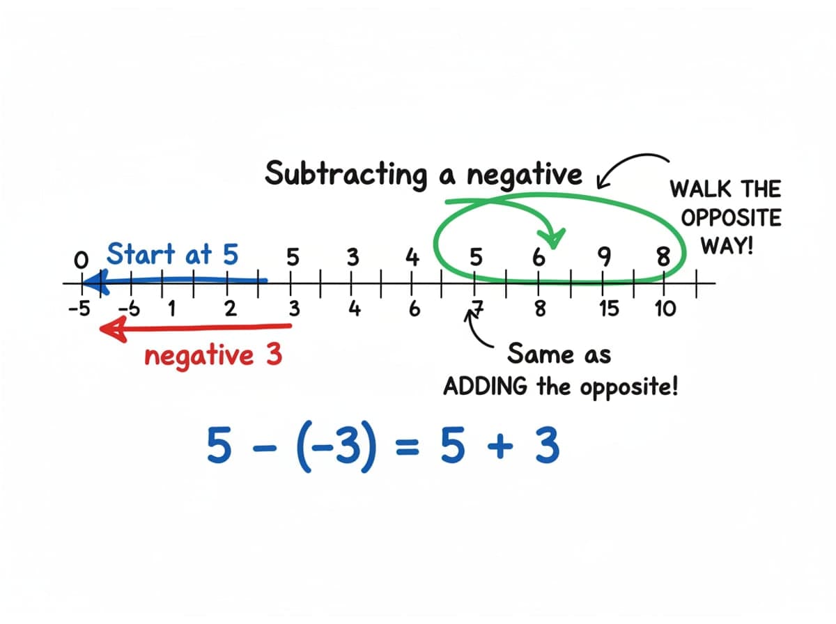 Dry-erase diagram: Subtracting signed numbers — Subtracting a negative is the same as adding its opposite: 5 - (-3) becomes 5 + 3.