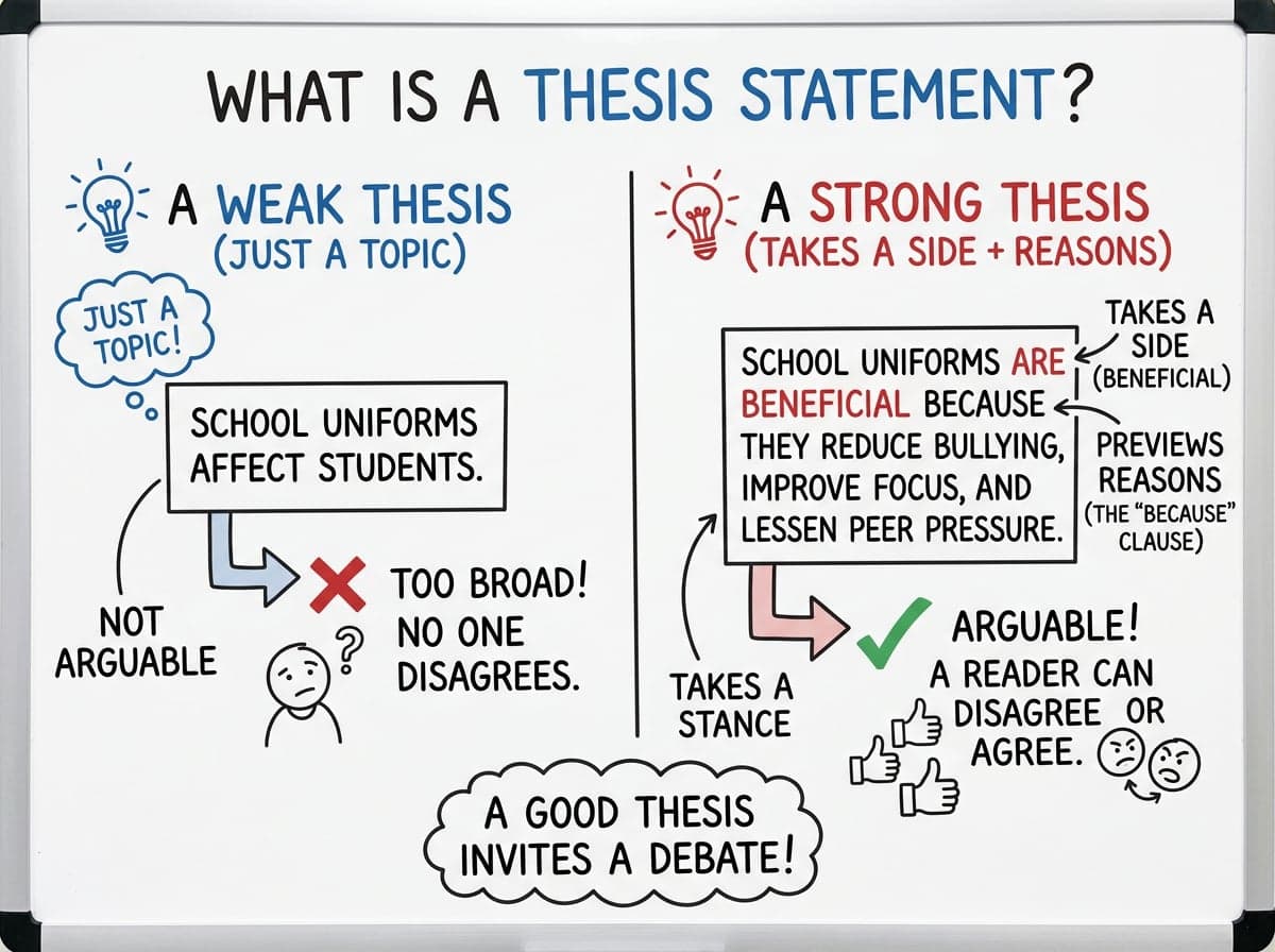 Dry-erase diagram: Thesis statements — A thesis takes a side and previews the reason, so a reader can disagree with it.