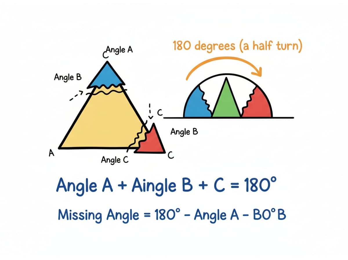 Dry-erase diagram: Triangle angle sum — The interior angles of a triangle always total 180 degrees, so subtract the two known angles from 180.