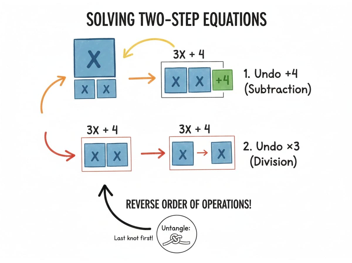 Dry-erase diagram: Two-step equations — Undo the addition or subtraction first, then undo the multiplication or division: reverse the order of operations.