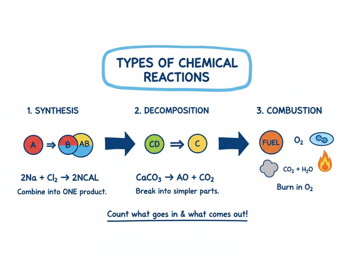 Dry-erase diagram: Types of chemical reactions — Synthesis combines reactants into one product, decomposition splits one reactant, and combustion burns a fuel in oxygen.