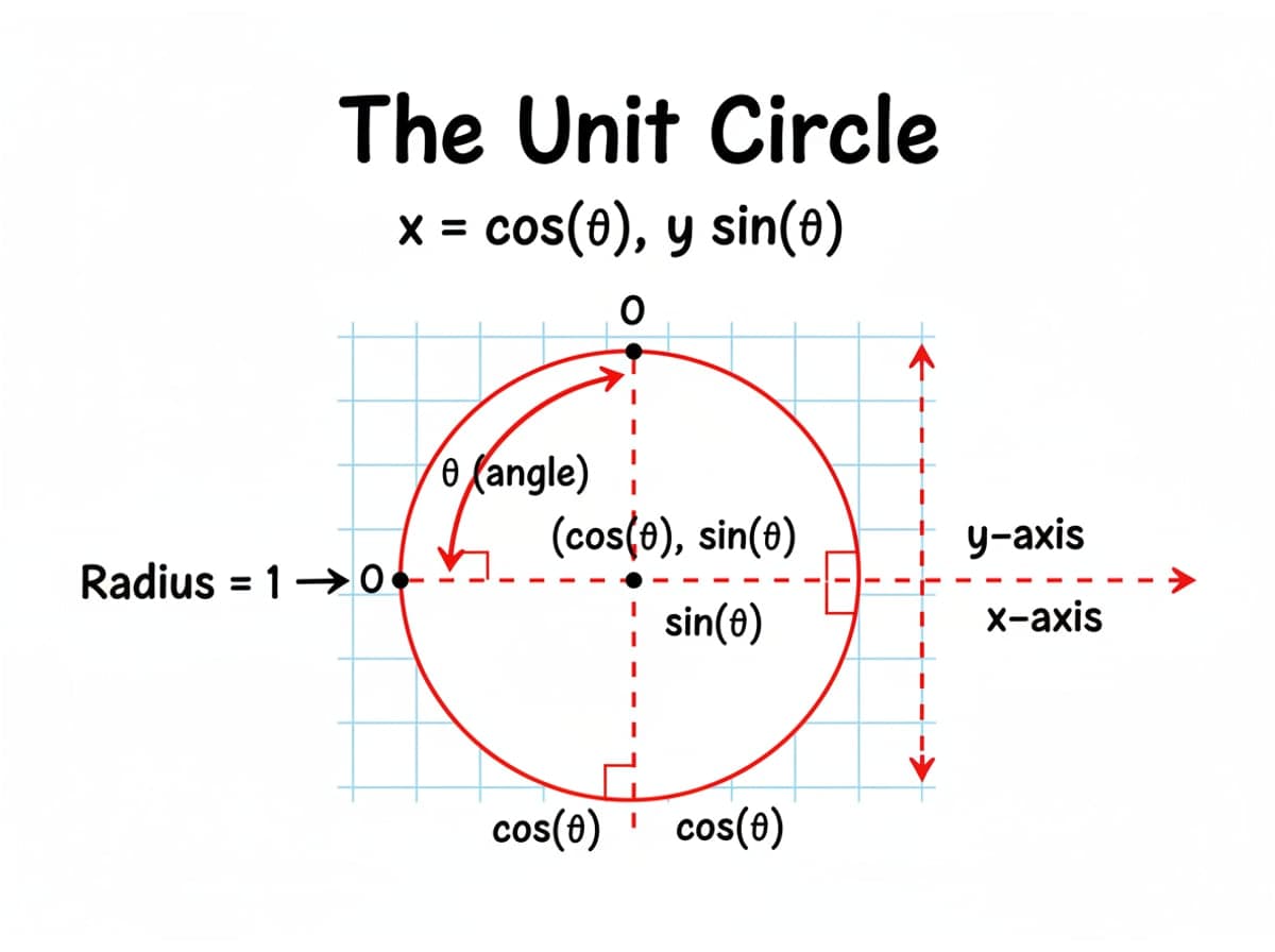 Dry-erase diagram: The unit circle — For a point on the unit circle, the x-coordinate is the cosine and the y-coordinate is the sine.